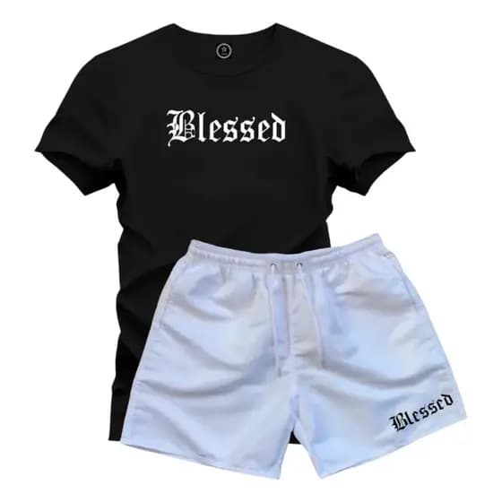 Kit Camiseta Short Tectel BLESSED Camisa 100% Algodão Bermuda Tactel