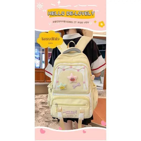 Linda mochila feminina de cor contrastante fresca, adequada para alunos do ensino médio, Design com vários compartimento