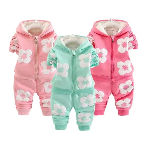 Conjunto de Inverno para Meninas com 3 Flores de Pelúcia, Casaco com Capuz + Calças, 2 Peças, 9 Meses-5 Anos