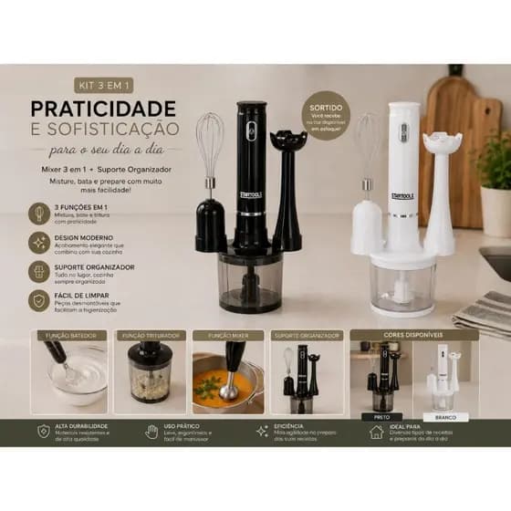 Mixer 3 em 1, processador de alimentos e batedor.