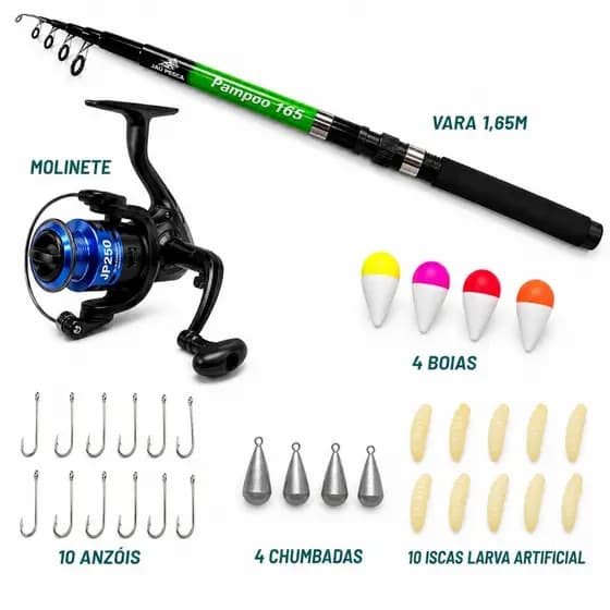 Kit De Pesca Completo 1 Vara Telescópica + 1 Molinete Com Linha - Acessórios Iscas, Anzóis, Chumbadas e Boias