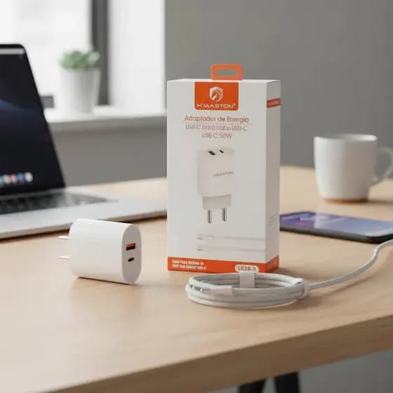 H'MASTON - ADAPTADOR DE ENERGIA DE 50W - COR BRANCA - 2 ENTRADAS, TIPO C PARA TIPO C E 1 USB