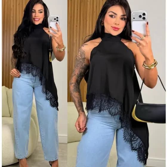 Blusa Feminina Gola Alta Assimétrica Frente Única Com Renda Bata sofisticada Elegante Tendência Inverno 2026