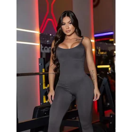 Macacão fitness feminino canelado poliamida elástico, empina bumbum sem transparência, para academia, yoga e uso diário