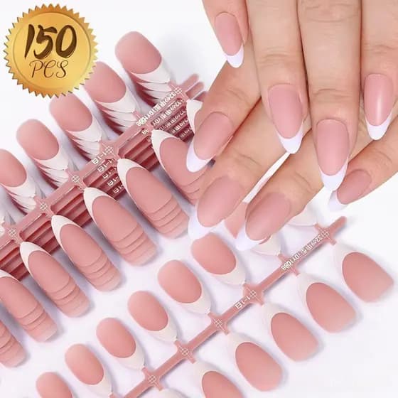 MHXY 150 Peças de Unhas Postiças Francesas Pré-Aplicadas, com Primer e Base, 15 Tamanhos, Unhas Falsas de Gel Macio TNJO