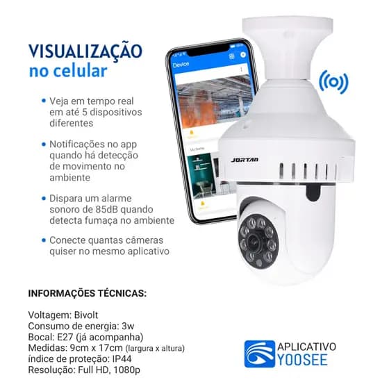 Câmera Lâmpada Espiã Wifi 360 Full HD Jortan Auto Tracking Sensor Fumaça Visão Noturna Segurança Inteligente