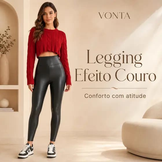 Calça Legging Feminina Peluciada Efeito Couro Cintura Alta Térmica Flanelada Inverno Preta