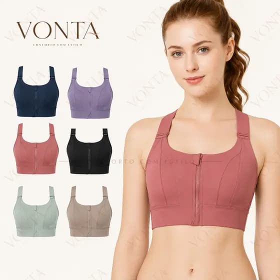 Top Fitness Feminino VONTA com Zíper Frontal Bojo Removível Alças Largas Alta Sustentação Academia Yoga M ao XXL