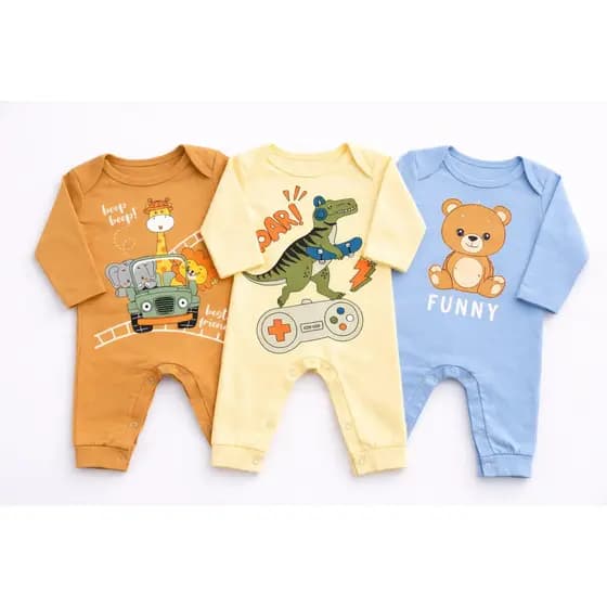 Kit 3 Macacão Bebe Sortidos Masculino Estampado