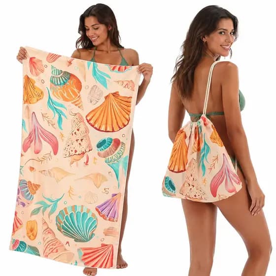 Toalha de Praia 2 em 1 com Mochila, Tapete Grande Antiareia de Secagem Rápida, Bolsa Conversível com Cordão para Piscina