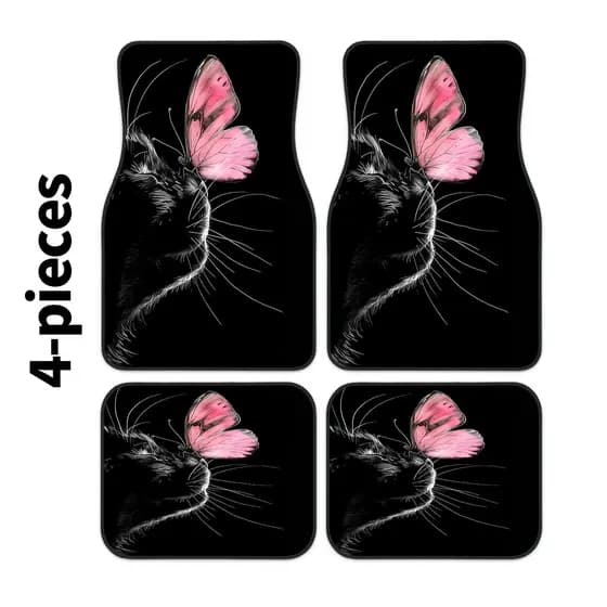 Conjunto de 4 peças com padrão de gato preto e borboleta rosa, tapetes modernos para pés de carro, adequados para todas
