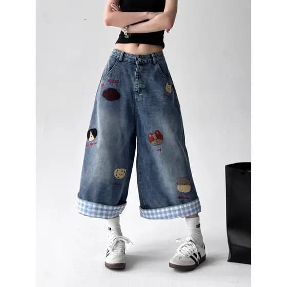 Shorts de Denim com Bordado de Cachorrinho Desgastado, Tendência 2026, para Mulheres, Calças Cropped Largas e Soltas de