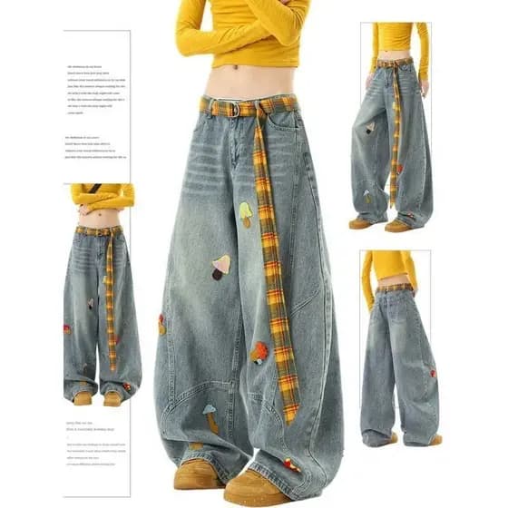 Calça jeans feminina VWSR, modelo 2026, estilo retrô americano com bordado de toalha, design de inverno 2026, corte solt