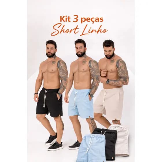 Kit 3 Shorts Masculinos Linho Premium Adulto P ao GG Cores Sortidas