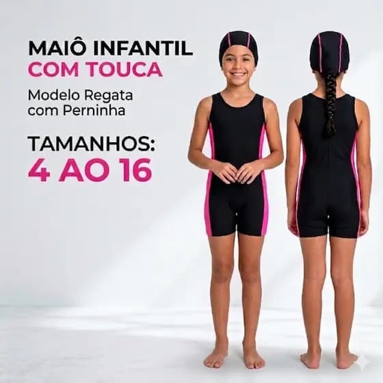 Maiô Infantil Feminino Macaquinho Juvenil Para Praia e Piscina Com Perninha + Touca em Suplex Proteção UV50+ do 4 ao 16