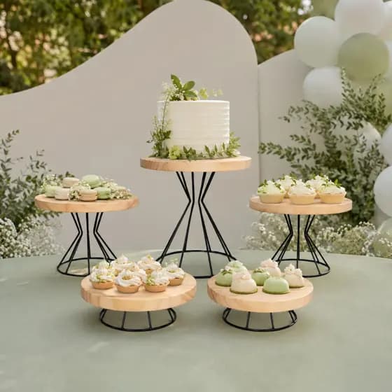 Suporte Para Doces Kit Boleiras 5 Peças Para Bolos Festa Aniversario Ferro E Madeira Premium