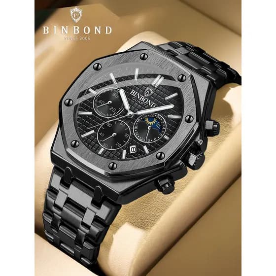 BINBOND/Binbon Novo Estilo Dominador Relógio Masculino Banda de Aço Relógio de Quartzo À Prova D 'Água Luminoso Multifun