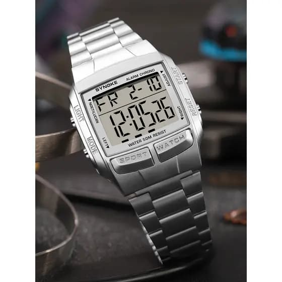 Moment Square Classic Steel Band Sports Relógio Eletrônico Luminoso Caixa de Plástico À Prova D 'Água Relógio Masculino