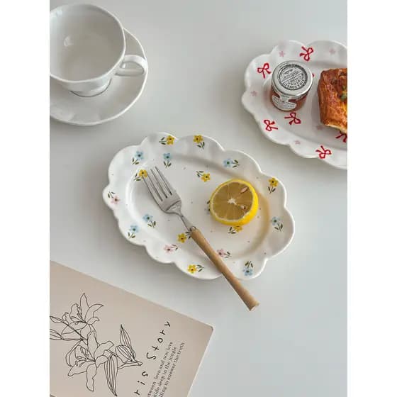 Muni ins Prato pequeno de sobremesa fresco com laço Floral Prato de flores Chá da tarde Conjunto de comida para uma pess