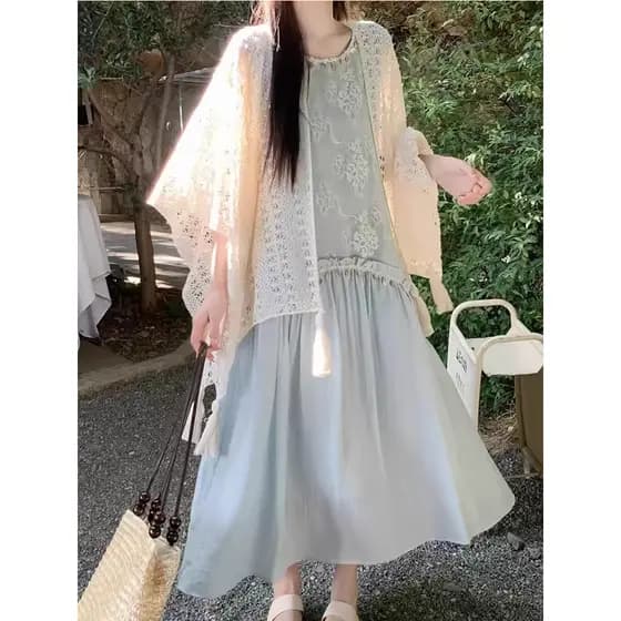 Oco malha protetor solar Cardigan xale feminino jogo exterior 2026 novo estilo com saia Cheongsam blusa estilo étnico ma