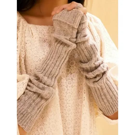 W inverno lã de coelho meio dedo mais magro olhar luvas estendidas senhoras quente cor sólida mangas de lã de coelho gro