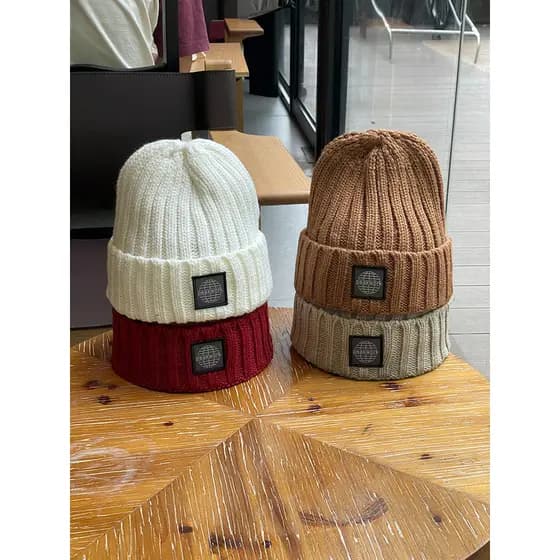 Chapéu de malha de lã elástica estilo casal feminino outono inverno novo estilo estilo japonês etiqueta de costura quent