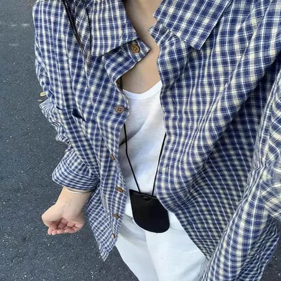 Retro azul camisa xadrez de manga comprida feminina início do outono estilo preguiçoso topo Casual jaqueta xadrez solta
