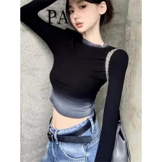 Slim-fit camisa de fundo elástico sem cintura manga comprida camiseta feminina rua estilo americano europeu americano ja