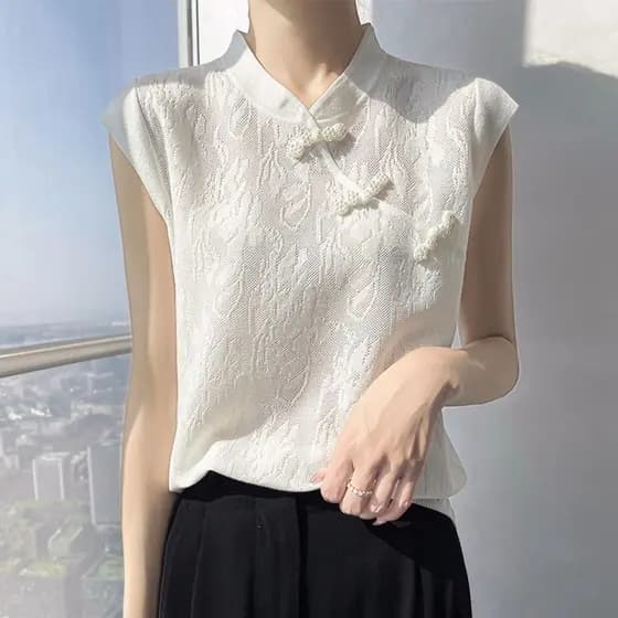 Estilo novo estilo chinês verão novo estilo oco elo de corrente fina malha topo estilo nacional gola alta abotoado seda