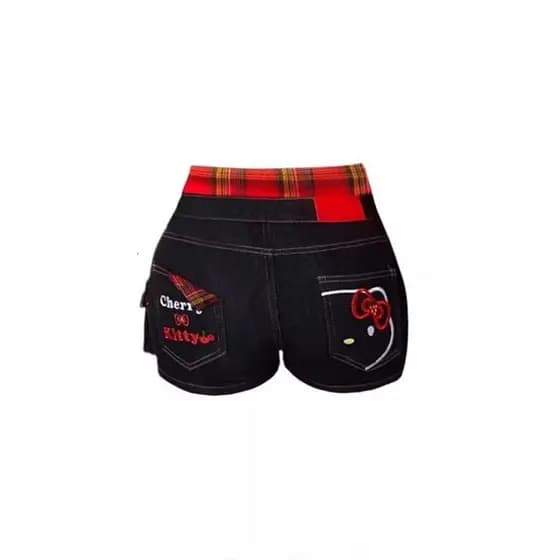 Tamanho grande ligeiramente gordo mm estilo americano bordado quente menina Denim Shorts feminino verão Design xadrez co