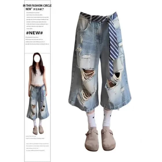 Tamanho grande americano Retro angustiado rasgado Jeans feminino 2026 primavera novo estilo High Street mais magro olhar