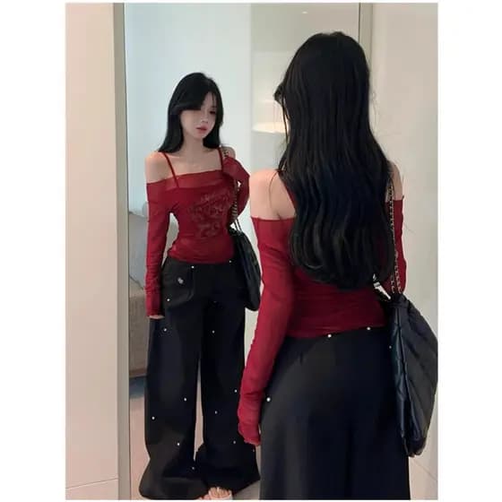 Americano quente menina puro desejo de um ombro malha de manga comprida protetor solar roupas femininas verão doce legal
