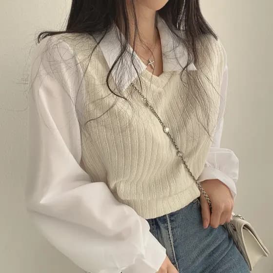 Coreia chique primavera outono Retro nicho camisa francesa costura lapela Bloomer manga falso de duas peças curto malha
