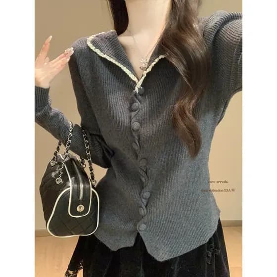Francês estilo suave fungo borda lapela botão de manga comprida camisola topo feminino primavera novo estilo fino-ajuste