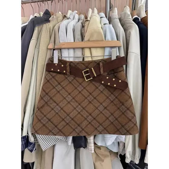 Pequena saia xadrez de lã feminina outono inverno saia café cor a linha saia Hip-embalado saia curta inverno saia xadrez
