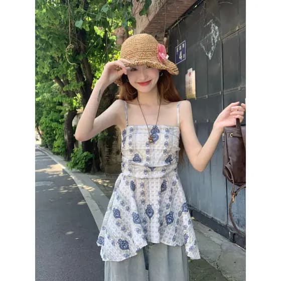 Kumikumi Nicho Print Irregular Camisola Feminina Verão Estilo Étnico Cintura Estreita Sem Mangas Top Exterior