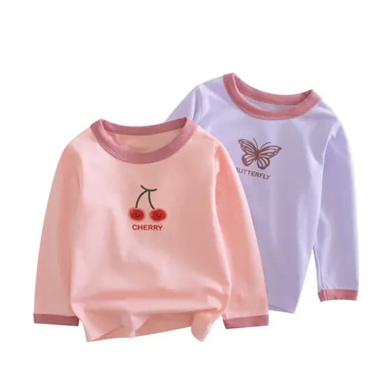 Crianças de manga comprida camiseta novo estilo versão coreana roupas infantis borboleta cerejas bebê camisa de fundo pr