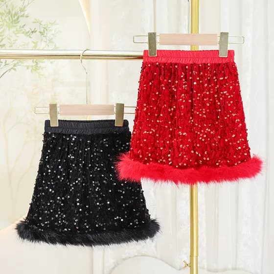 2025 novo estilo roupas infantis meninas vermelho ano novo roupas saia de lantejoulas moda Casual saia infantil roupas d