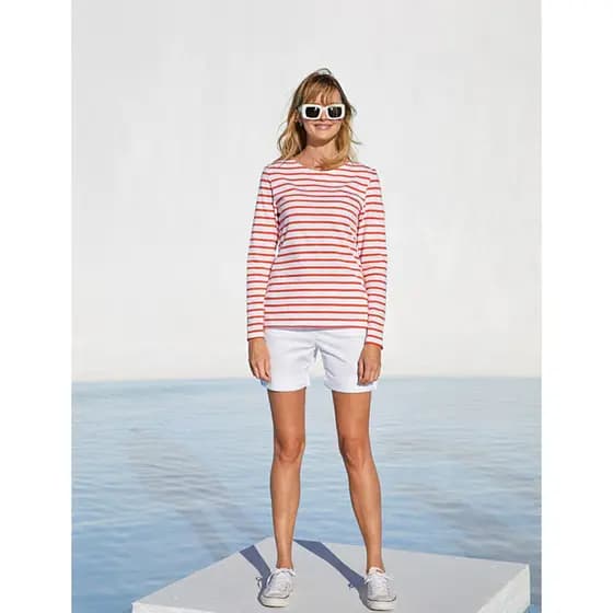 Exportado para o Reino Unido Polo Cut Label Vermelho Branco Listras Horizontais Algodão Puro Gola Redonda Manga Tornozel