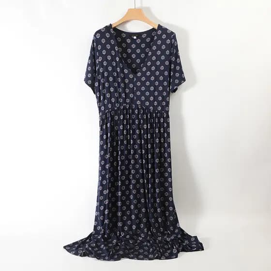 Polo britânico macio drapeado francês com decote em V Floral vestido de manga curta feminino verão vestido longo mais ma