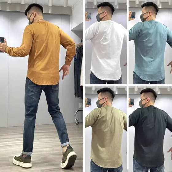 Estação europeia moletom de algodão puro de alta qualidade masculino bainha fenda arco inferior camiseta de manga compri