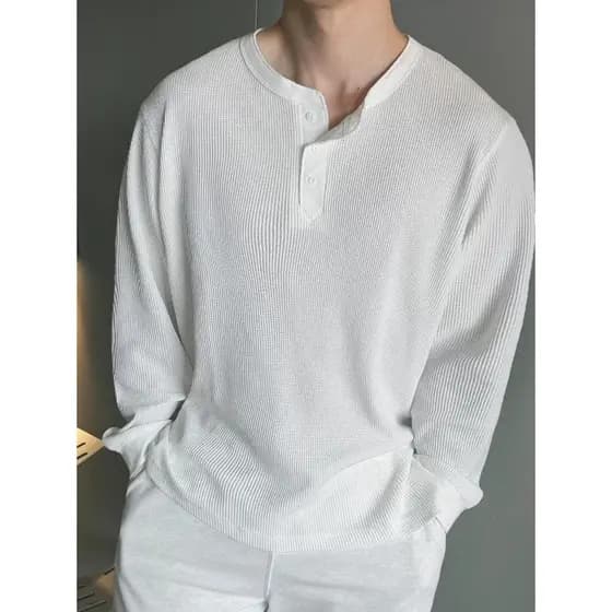 Camisa americana Waffle Henry textura masculina solta manga comprida camiseta esportes ao ar livre moletom carcela gola