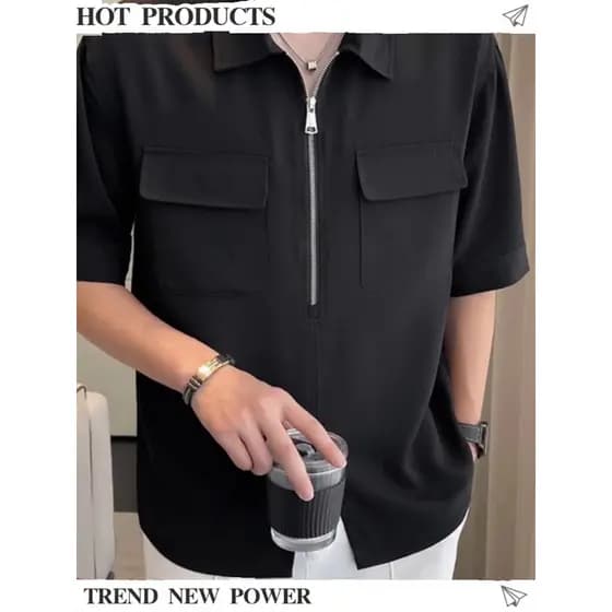 Meio zíper gelo seda legal camisa de manga curta masculino bolso Design nicho influenciador Puffer bonito Anti-rugas