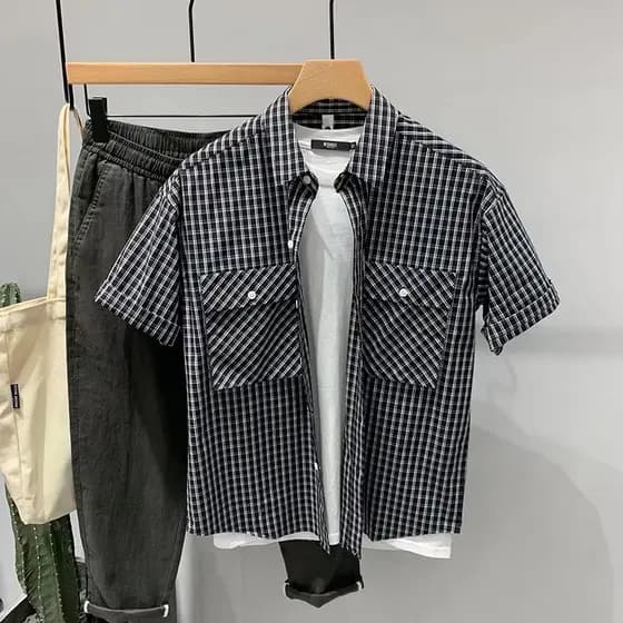 2024 outono novo estilo Hong Kong estilo camisa masculina roupas de manga curta versão coreana na moda camisa solta boni