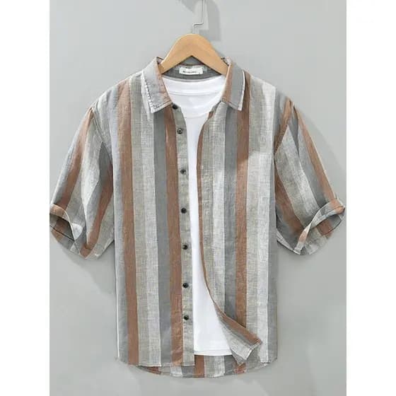 Verão Design fino Casual estilo Hong Kong concha botão camisa contraste cor Vertical listrado camisa masculina meia mang