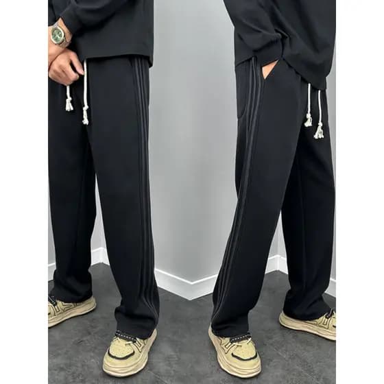 Outono fino calças de perna reta masculina na moda All-Match calças casuais Drape solto esportes Sweatpants Vertical lis