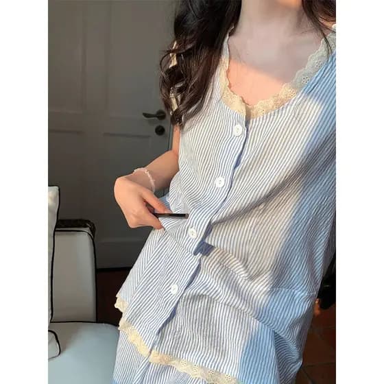 Listrado sem mangas novo estilo pijamas feminino verão respirável confortável puro algodão colete Shorts terno feminino