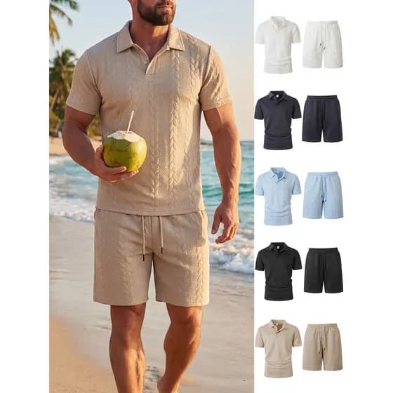 2026 verão praia férias terno masculino cor sólida Jacquard camisa polo de manga curta Shorts soltos terno masculino de