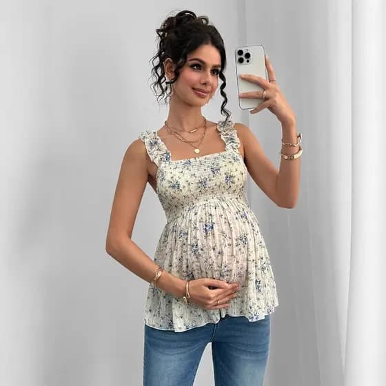Roupas de maternidade primavera/verão 2026, nova blusa de maternidade estampada com decote quadrado, colete de maternida