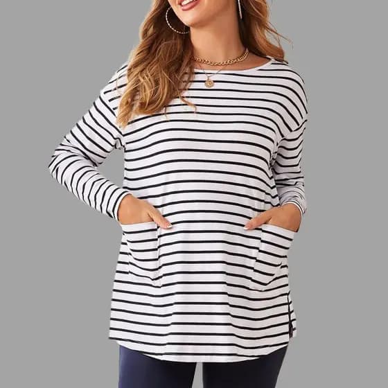 Popular blusa de maternidade de manga comprida com gola redonda e bolso listrado para mulheres--&*